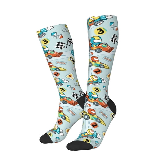 Picia Women Crew Soft Moisture-wicking Socks Cartoon Car Racing Pattern Design Cotton Socks, One Size fit All