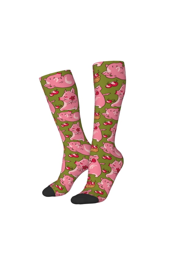 Women Crew Soft Moisture-wicking Socks Cartoon Pigs Pattern Design Cotton Socks, One Size fit All