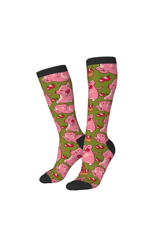 Women Crew Soft Moisture-wicking Socks Cartoon Pigs Pattern Design Cotton Socks, One Size fit All