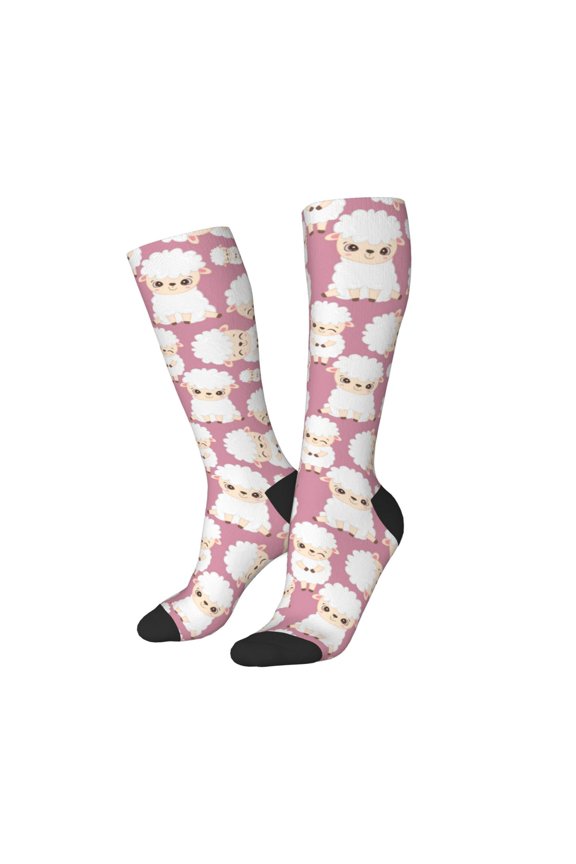 Women Crew Soft Moisture-wicking Socks Cartoon Sheep Pattern Design Cotton Socks, One Size fit All