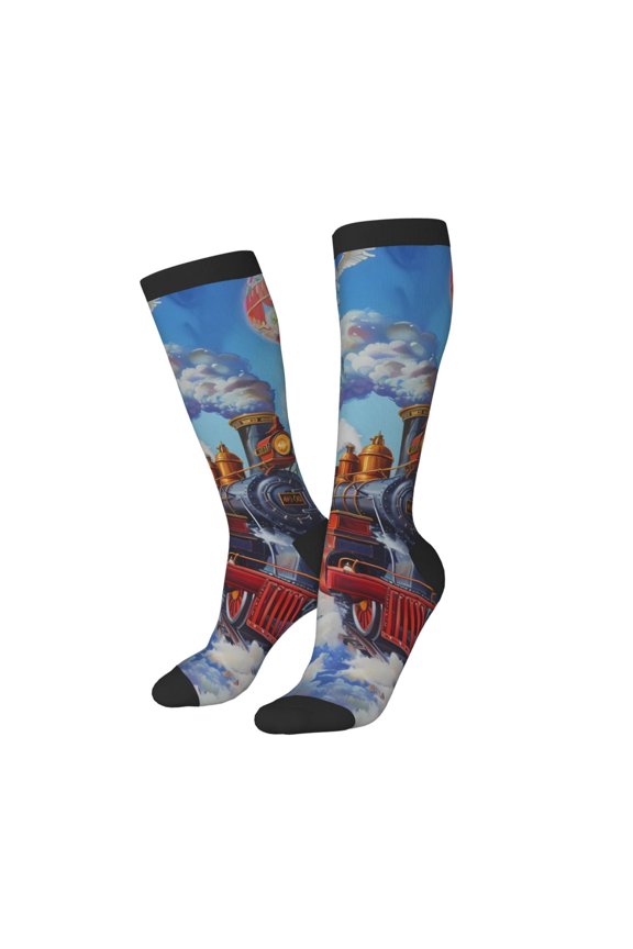 Women Crew Soft Moisture-wicking Socks Cartoon Train Hot Air Balloon Pattern Design Cotton Socks, One Size fit All