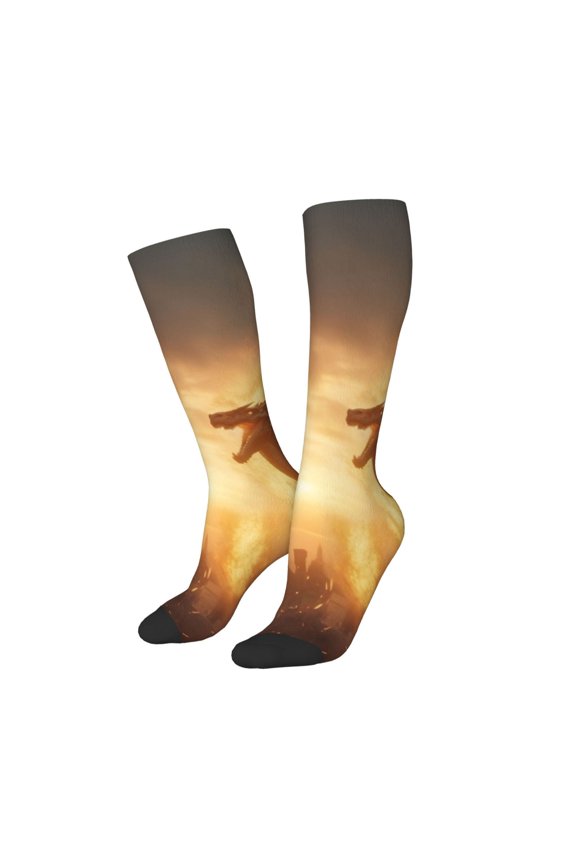 Women Crew Soft Moisture-wicking Socks Castle Cool Fire Dragon Pattern Design Cotton Socks, One Size fit All