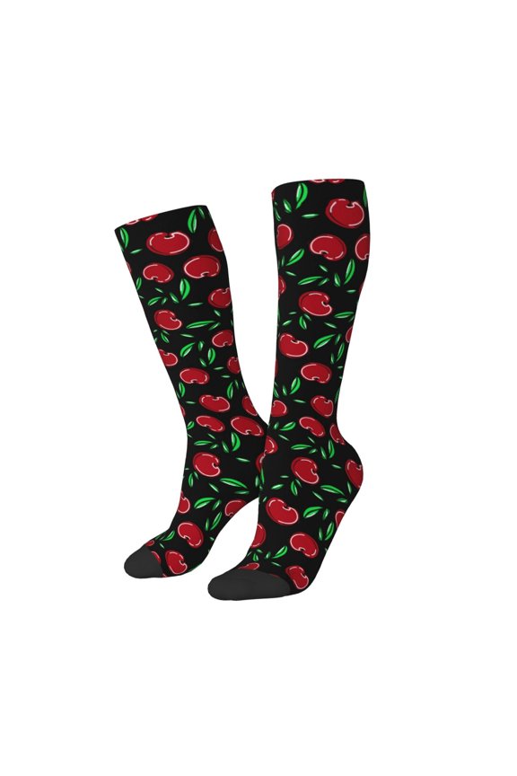 Women Crew Soft Moisture-wicking Socks Cherry Pattern Design Cotton Socks, One Size fit All