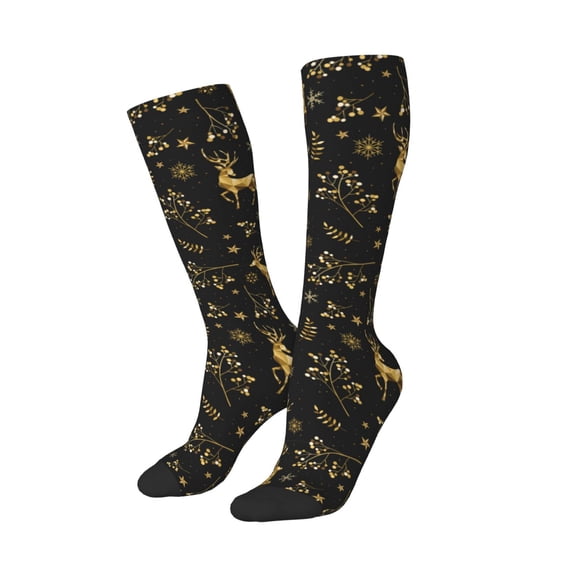 Picia Women Crew Soft Moisture-wicking Socks Christmas Gold Deers1 Pattern Design Cotton Socks, One Size fit All
