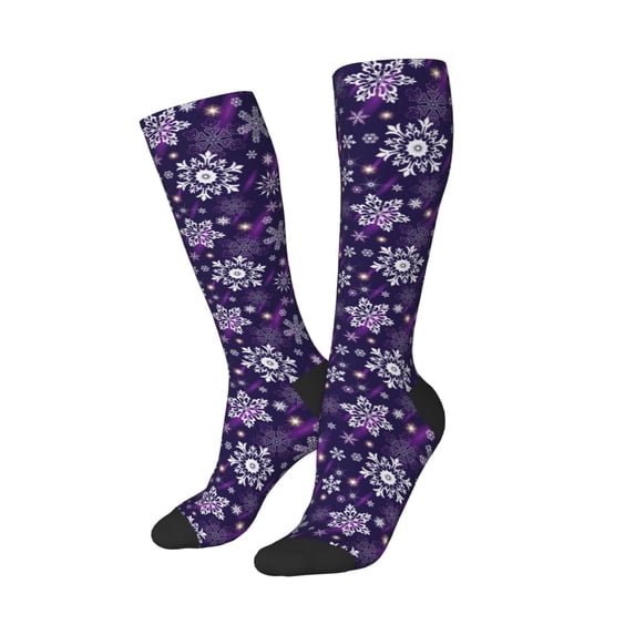 Picia Women Crew Soft Moisture-wicking Socks Christmas Purple Snowflakes Pattern Design Cotton Socks, One Size fit All