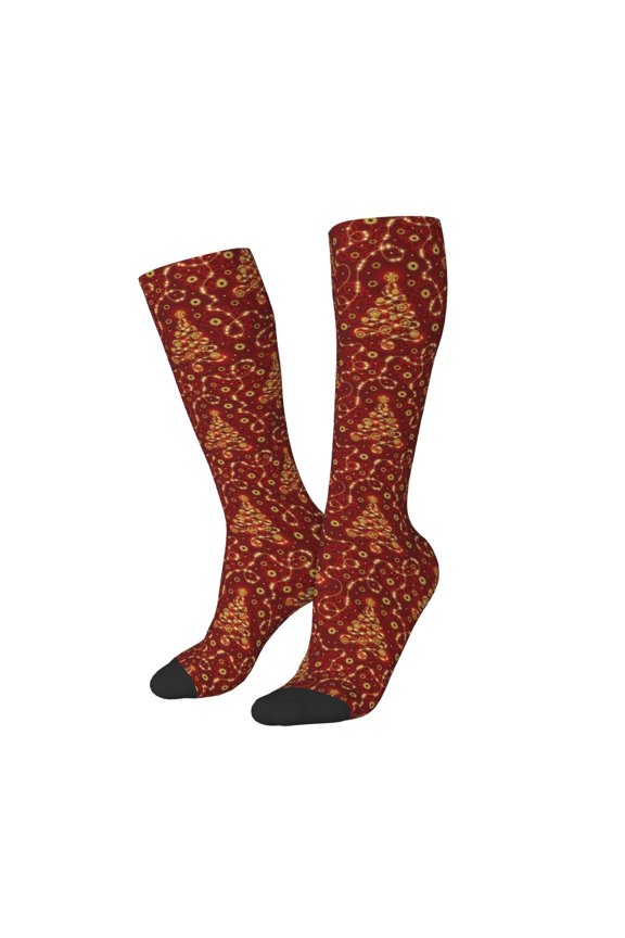 Women Crew Soft Moisture-wicking Socks Christmas Tree On A Red Background Pattern Design Cotton Socks, One Size fit All