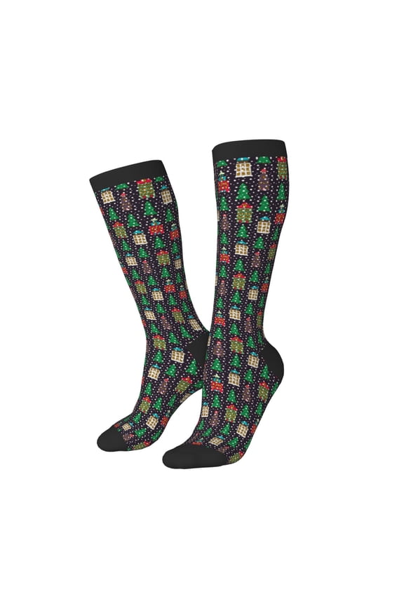 Women Crew Soft Moisture-wicking Socks Christmas Trees And Houses Pattern Design Cotton Socks, One Size fit All