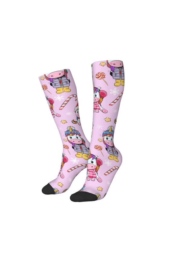 Women Crew Soft Moisture-wicking Socks Christmas Unicorns Pattern Design Cotton Socks, One Size fit All