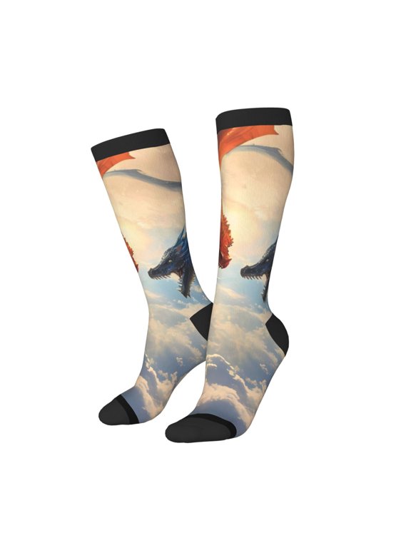 Women Crew Soft Moisture-wicking Socks Cloud Red And Blue Dragon Pattern Design Cotton Socks, One Size fit All