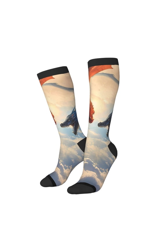 Women Crew Soft Moisture-wicking Socks Cloud Red And Blue Dragon Pattern Design Cotton Socks, One Size fit All