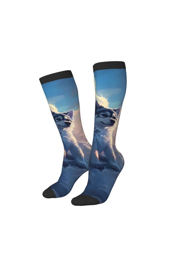 Women Crew Soft Moisture-wicking Socks Cloud Wolf Pattern Design Cotton Socks, One Size fit All