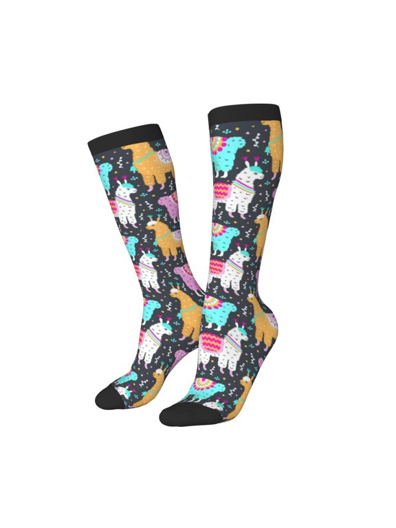 Women Crew Soft Moisture-wicking Socks Colorful Alpaca Pattern Design Cotton Socks, One Size fit All