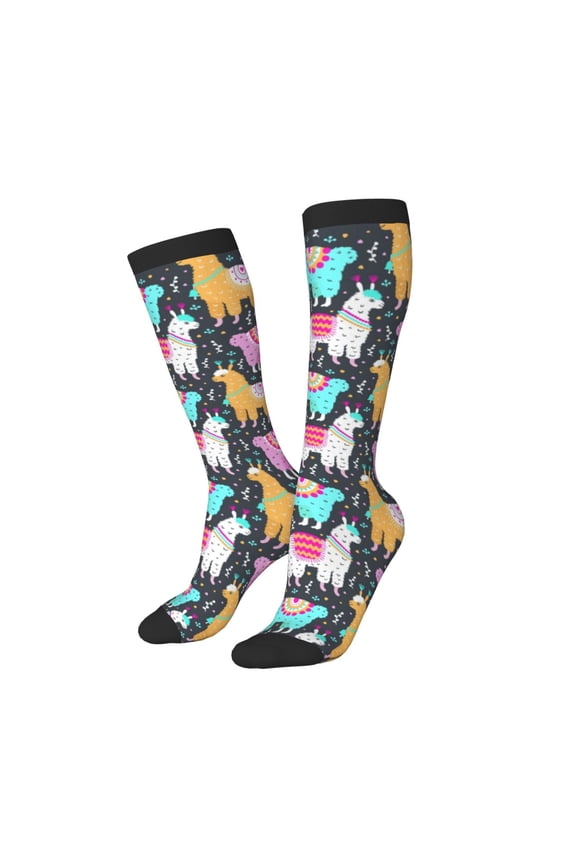 Women Crew Soft Moisture-wicking Socks Colorful Alpaca Pattern Design Cotton Socks, One Size fit All