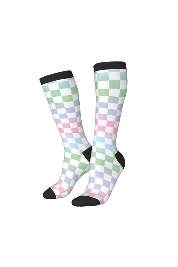 Women Crew Soft Moisture-wicking Socks Colorful Checkerboard Pattern Design Cotton Socks, One Size fit All