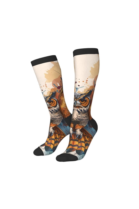 Women Crew Soft Moisture-wicking Socks Colorful Owl Tattoo Art Pattern Design Cotton Socks, One Size fit All