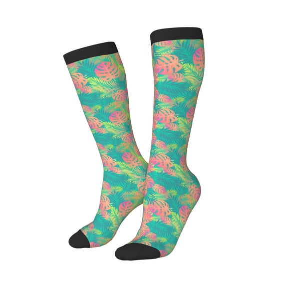 Picia Women Crew Soft Moisture-wicking Socks Colorful Palm Leaves Pattern Design Cotton Socks, One Size fit All