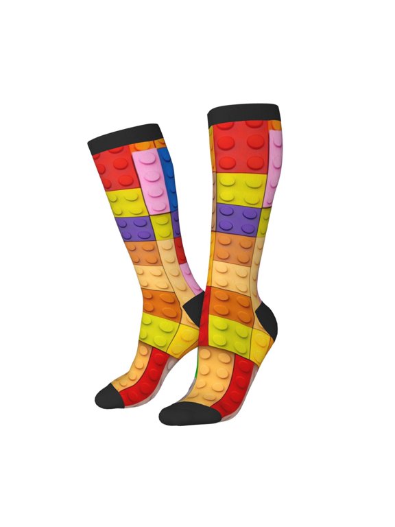 Women Crew Soft Moisture-wicking Socks Colorful Plastic Blocks Pattern Pattern Design Cotton Socks, One Size fit All