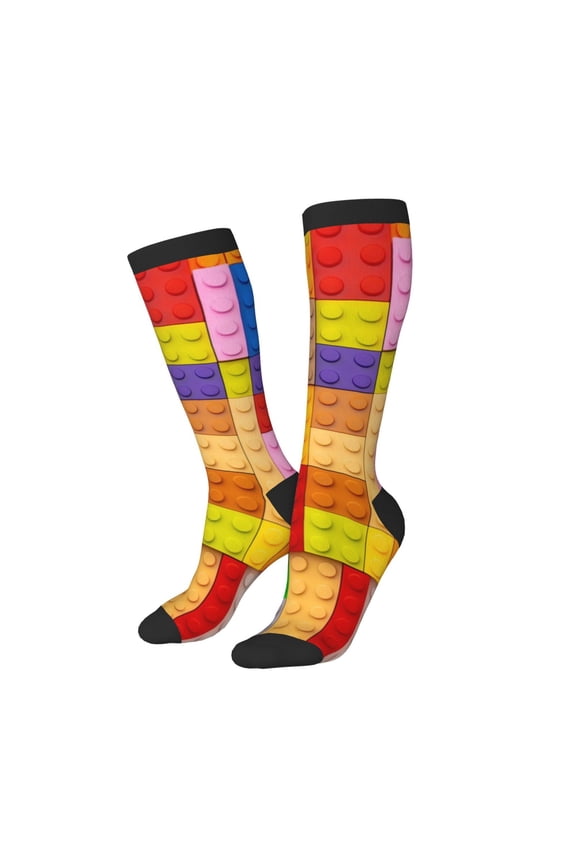 Women Crew Soft Moisture-wicking Socks Colorful Plastic Blocks Pattern Pattern Design Cotton Socks, One Size fit All