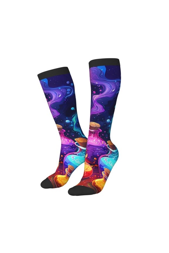 Women Crew Soft Moisture-wicking Socks Colorful Potion Bottles Magic Pattern Design Cotton Socks, One Size fit All