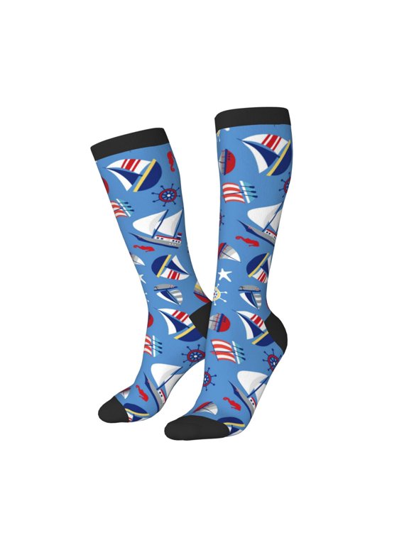 Women Crew Soft Moisture-wicking Socks Colorful Sailing Ship Pattern Design Cotton Socks, One Size fit All