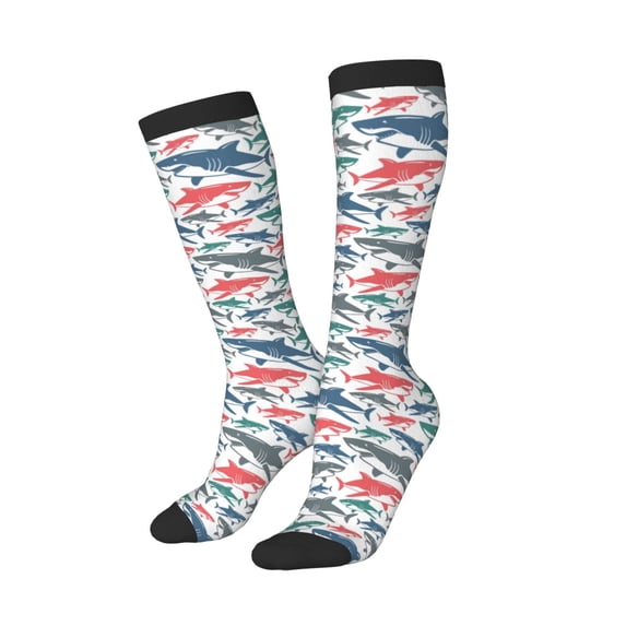 Picia Women Crew Soft Moisture-wicking Socks Colorful Shark Pattern Design Cotton Socks, One Size fit All