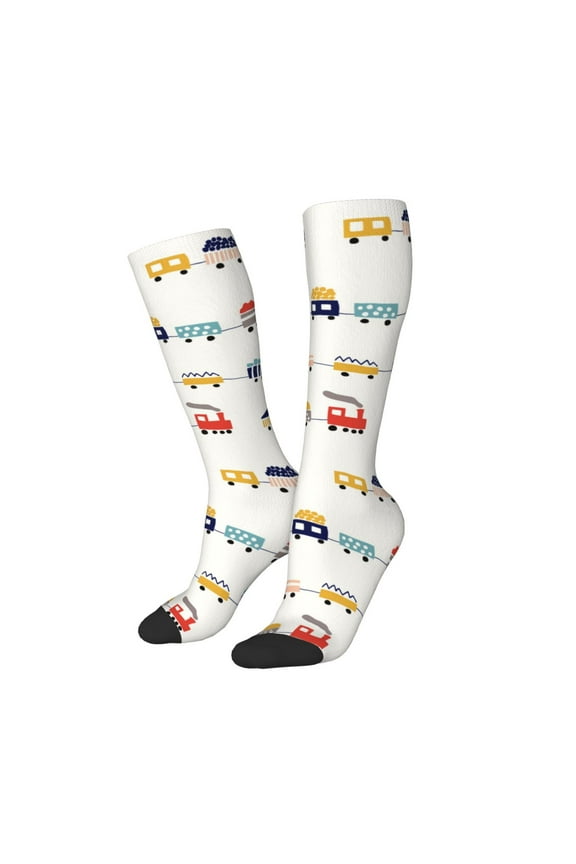 Women Crew Soft Moisture-wicking Socks Colorful Trains Pattern Design Cotton Socks, One Size fit All