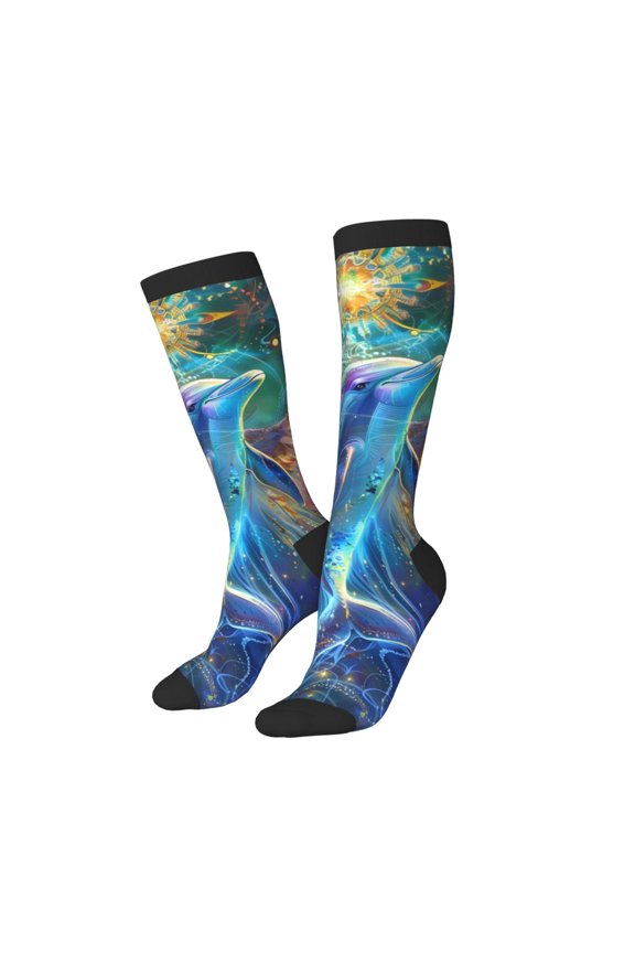 Women Crew Soft Moisture-wicking Socks Colorful Winged Dolphin Pattern Design Cotton Socks, One Size fit All
