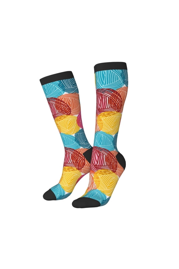Women Crew Soft Moisture-wicking Socks Colorful Wool Balls Pattern Design Cotton Socks, One Size fit All