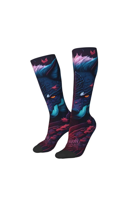 Women Crew Soft Moisture-wicking Socks Cool Wolf Head Pattern Design Cotton Socks, One Size fit All