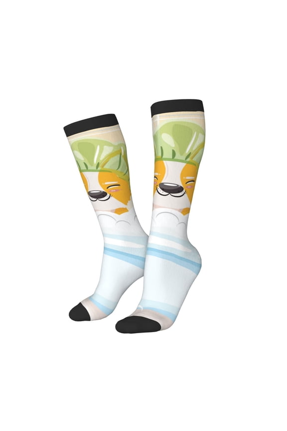 Women Crew Soft Moisture-wicking Socks Corgi In The Shower Cap Bathing Pattern Design Cotton Socks, One Size fit All