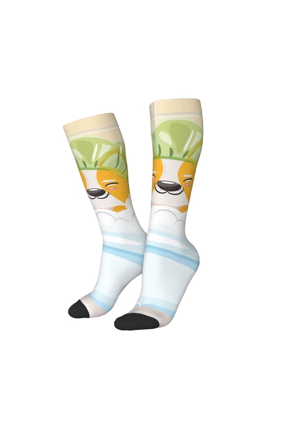 Women Crew Soft Moisture-wicking Socks Corgi In The Shower Cap Bathing Pattern Design Cotton Socks, One Size fit All