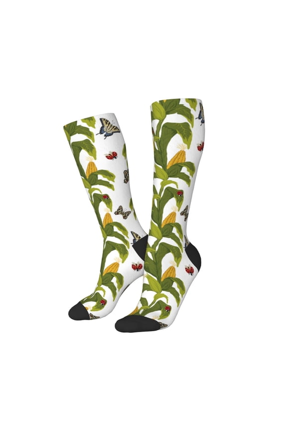 Women Crew Soft Moisture-wicking Socks Corn And Butterflies Pattern Design Cotton Socks, One Size fit All