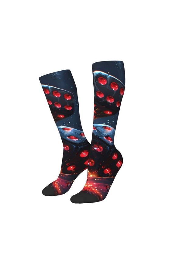 Women Crew Soft Moisture-wicking Socks Cosmic Red Sparkle Dice Pattern Design Cotton Socks, One Size fit All