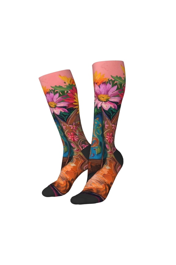 Women Crew Soft Moisture-wicking Socks Cowboy Boots With Flowers Pattern Design Cotton Socks, One Size fit All