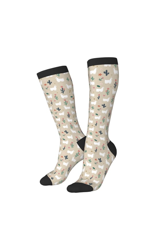 Women Crew Soft Moisture-wicking Socks Cute Alpaca Pattern Design Cotton Socks, One Size fit All