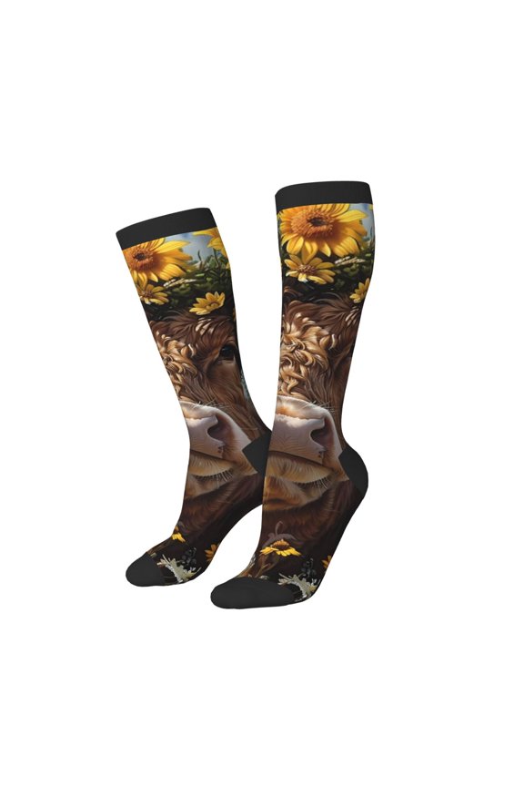 Women Crew Soft Moisture-wicking Socks Cute Cow Sunflower Crown A Pattern Design Cotton Socks, One Size fit All