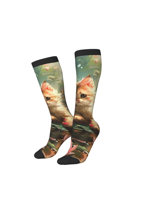 Women Crew Soft Moisture-wicking Socks Cute Kitten Water Lilies Pattern Design Cotton Socks, One Size fit All