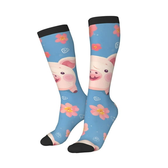 Picia Women Crew Soft Moisture-wicking Socks Cute Pig Flowers Pattern Design Cotton Socks, One Size fit All