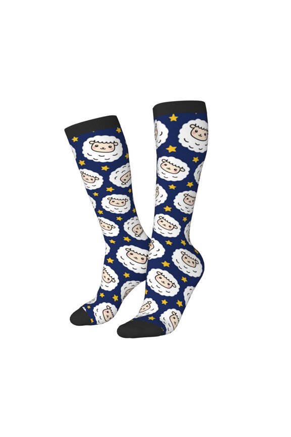 Women Crew Soft Moisture-wicking Socks Cute Sheep With Star Pattern Design Cotton Socks, One Size fit All