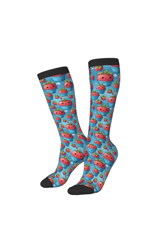 Women Crew Soft Moisture-wicking Socks Cute Strawberry Flower Pot Pattern Design Cotton Socks, One Size fit All