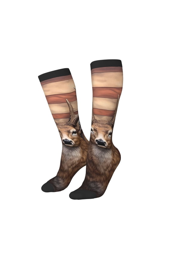 Women Crew Soft Moisture-wicking Socks Deer American Flag Wall Pattern Design Cotton Socks, One Size fit All