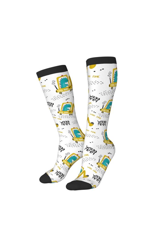 Women Crew Soft Moisture-wicking Socks Dinosaur on Excavator Pattern Design Cotton Socks, One Size fit All
