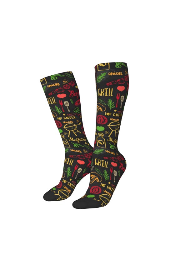 Women Crew Soft Moisture-wicking Socks Doodle Barbeque 1 Pattern Design Cotton Socks, One Size fit All