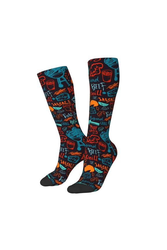 Women Crew Soft Moisture-wicking Socks Doodle Barbeque Pattern Design Cotton Socks, One Size fit All