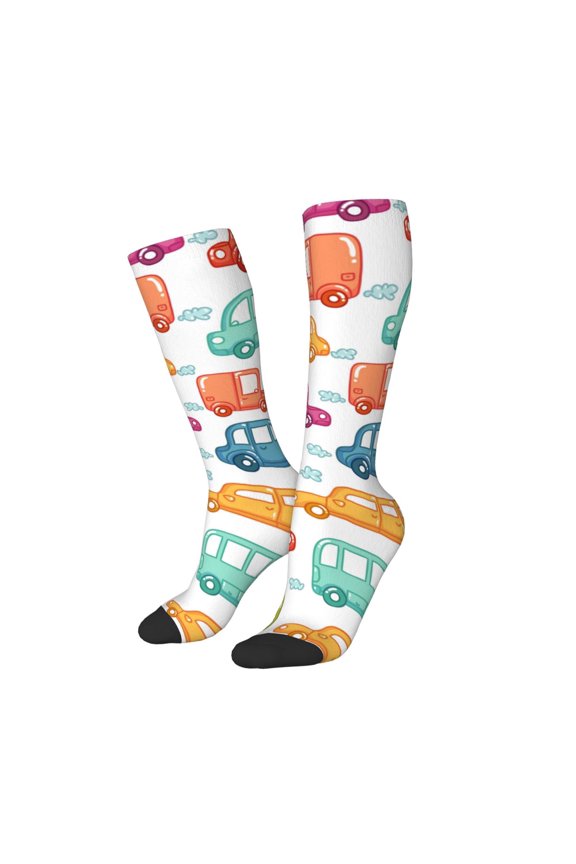 Women Crew Soft Moisture-wicking Socks Doodle Cars Pattern Design Cotton Socks, One Size fit All