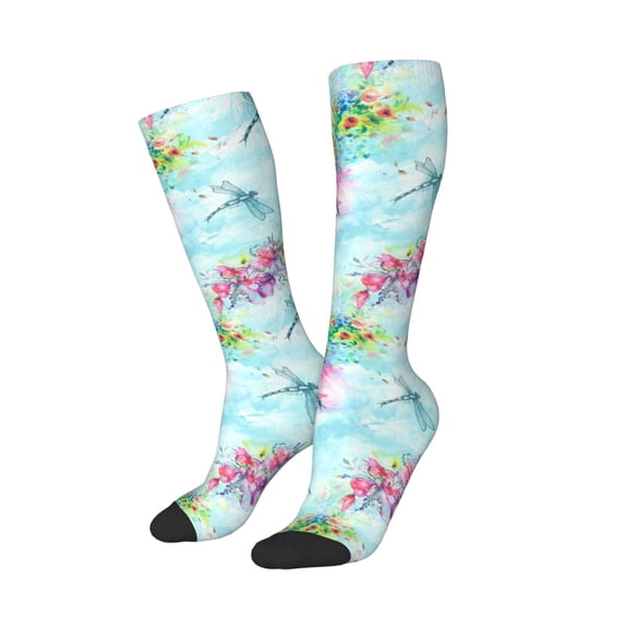 Picia Women Crew Soft Moisture-wicking Socks Dragonfly Floral Pattern Design Cotton Socks, One Size fit All