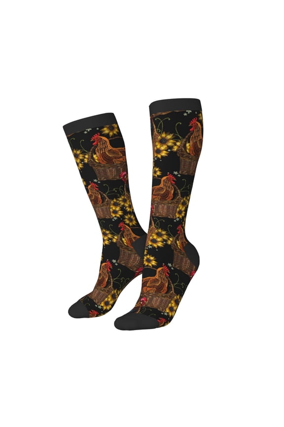Women Crew Soft Moisture-wicking Socks Embroidery Chicken Rooster Pattern Design Cotton Socks, One Size fit All