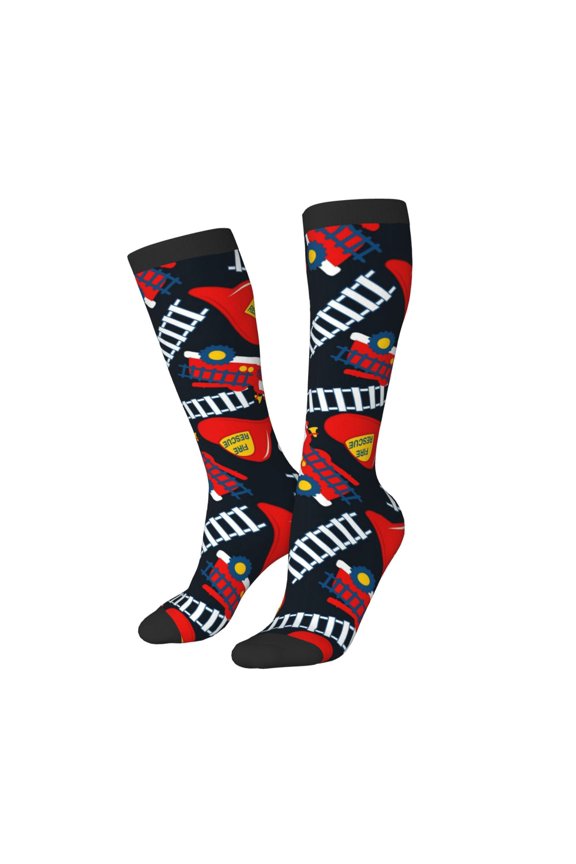 Women Crew Soft Moisture-wicking Socks Fire Rescue With Red Helmet And Truck Pattern Design Cotton Socks, One Size fit All