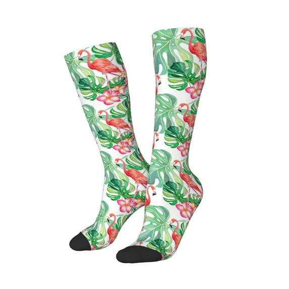 Picia Women Crew Soft Moisture-wicking Socks Flamingo And Monstera Pattern Design Cotton Socks, One Size fit All