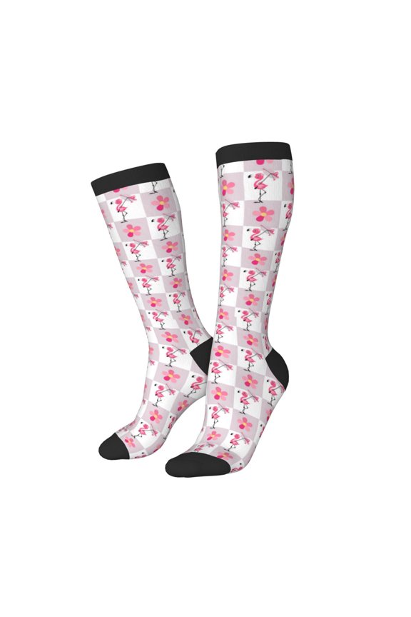 Women Crew Soft Moisture-wicking Socks Flamingo On Checkered Pattern Design Cotton Socks, One Size fit All